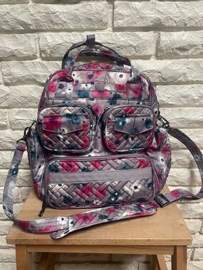 Lug Mini Puddle Jumper Travel Bag Gray Pink Floral Shoulder Crossbody Tote NEW